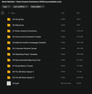 Directory listing for Smart Marketer – Smart Amazon Ecommerce 2026 with folders like 00-Group Buy, 01-Smart Amazon Ecommerce, and 09-The SM Show Season 2, plus ATS.pdf (UI dark theme).