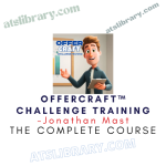 Course cover showing a cartoon trainer holding a tablet; title reads 'OfferCraft Challenge Training' by Jonathan Mast, subtitle 'The Complete Course'