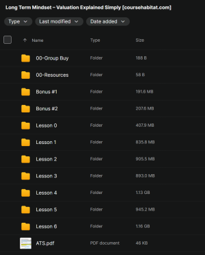 Directory listing for Long Term Mindset course materials: folders (Lesson 0–6, Bonus, 00-Group Buy, 00-Resources) and ATS.pdf on a dark file explorer screen