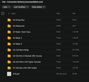 Directory listing for Osh - Conversion Alchemy course with weekly folders (00-Group Buy, 01-Week 1 Start Here, 02-Week 2, 03-Week 3, 04-Call Recordings, 05-Old 5hrs 5-Module CRO Course, 06-Old 10hrs LIVE Figma Tutorials, 07-Old 2hrs LIVE CRO Audits) and ATS.pdf file.