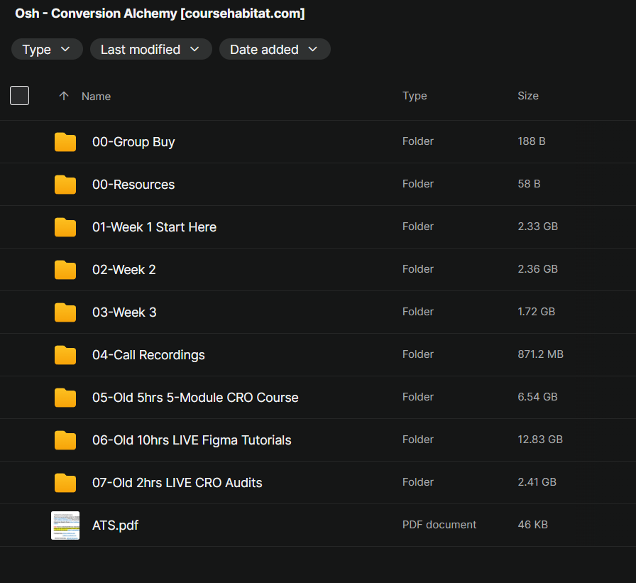 Directory listing for Osh - Conversion Alchemy course with weekly folders (00-Group Buy, 01-Week 1 Start Here, 02-Week 2, 03-Week 3, 04-Call Recordings, 05-Old 5hrs 5-Module CRO Course, 06-Old 10hrs LIVE Figma Tutorials, 07-Old 2hrs LIVE CRO Audits) and ATS.pdf file.