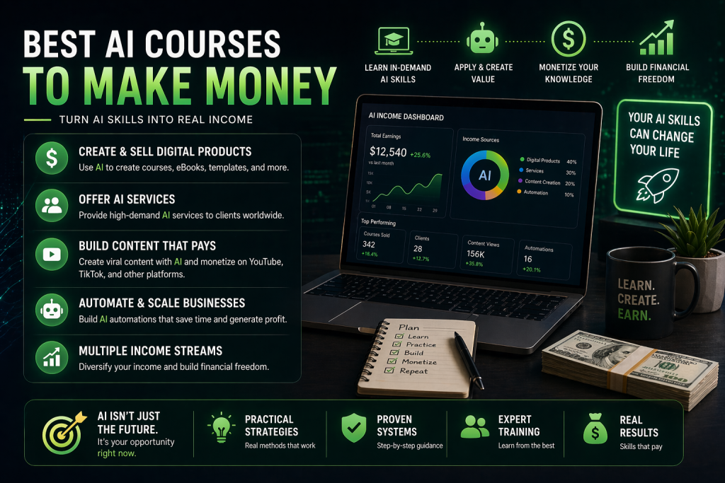 AI courses to make money online through automation, content creation, and freelancing