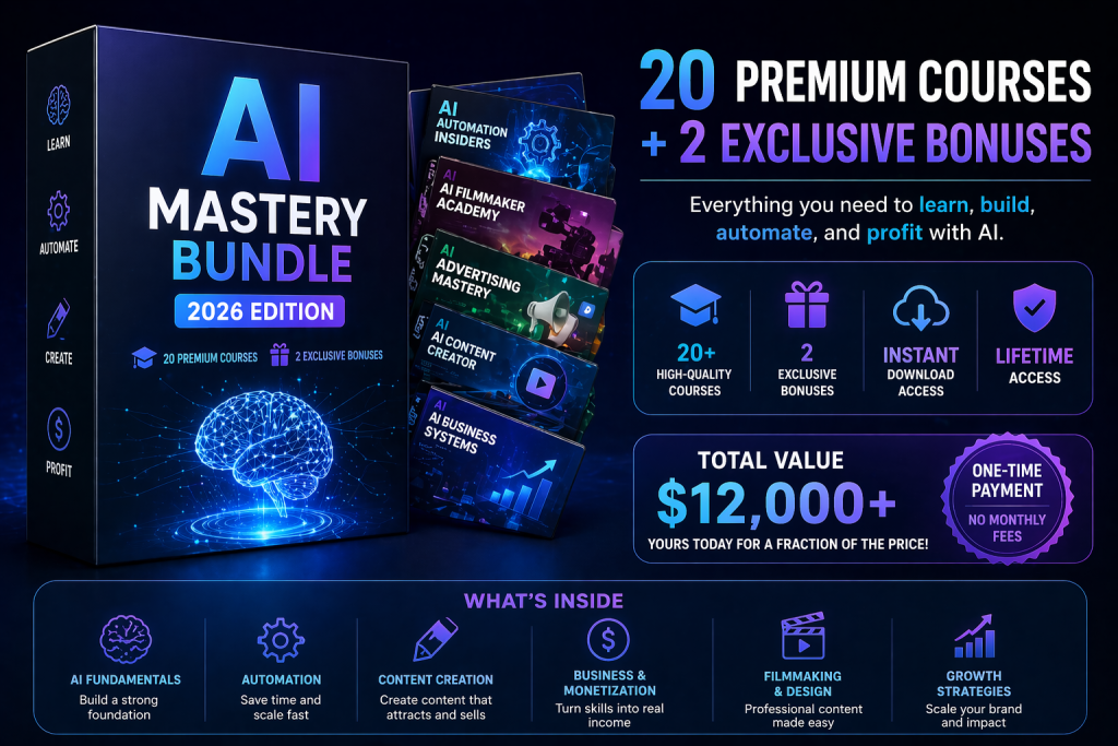 Promo banner for the AI Mastery Bundle 2026 Edition: 20 premium courses and 2 exclusive bonuses with a glowing brain graphic.