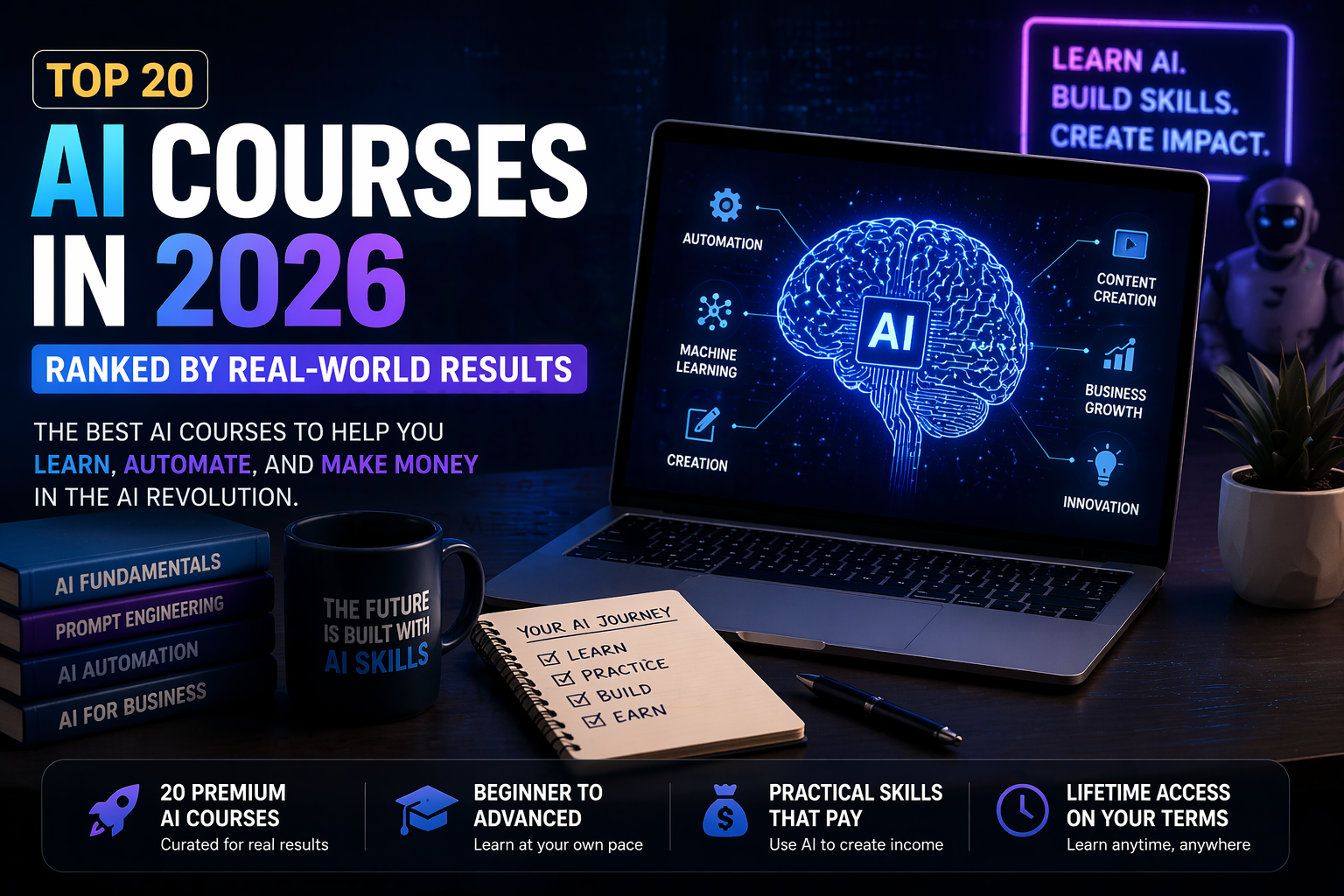 Banner promoting Top 20 AI Courses in 2026, with a laptop showing an AI brain diagram, neon text and a stack of AI books.