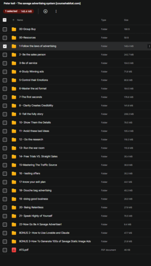 Dark file explorer showing course folders for The Savage Advertising System; '1-Follow the laws of advertising' is selected, with an ATS.pdf file at bottom.