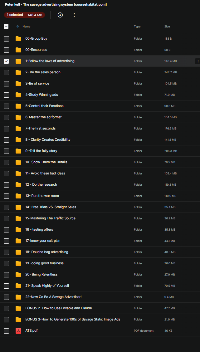 Dark file explorer showing course folders for The Savage Advertising System; '1-Follow the laws of advertising' is selected, with an ATS.pdf file at bottom.